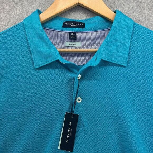 NWT Peter Millar Size 2XL Blue Polo Shirt Cotton Blend Perfect Pique Tee Men's - Picture 3 of 11